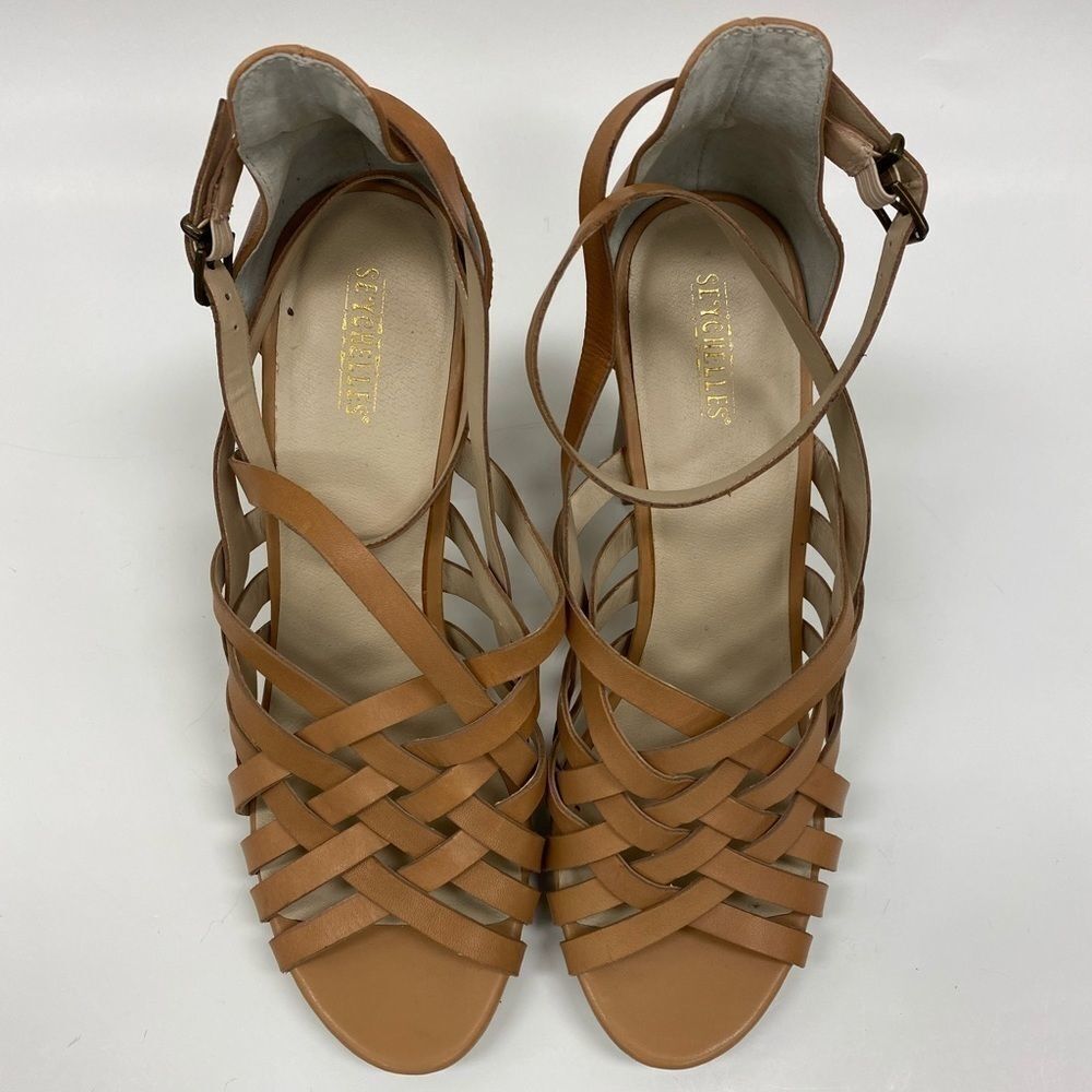 Seychelles Tan Leather Woven Stack Heel Sandals‎ - Picture 3 of 6